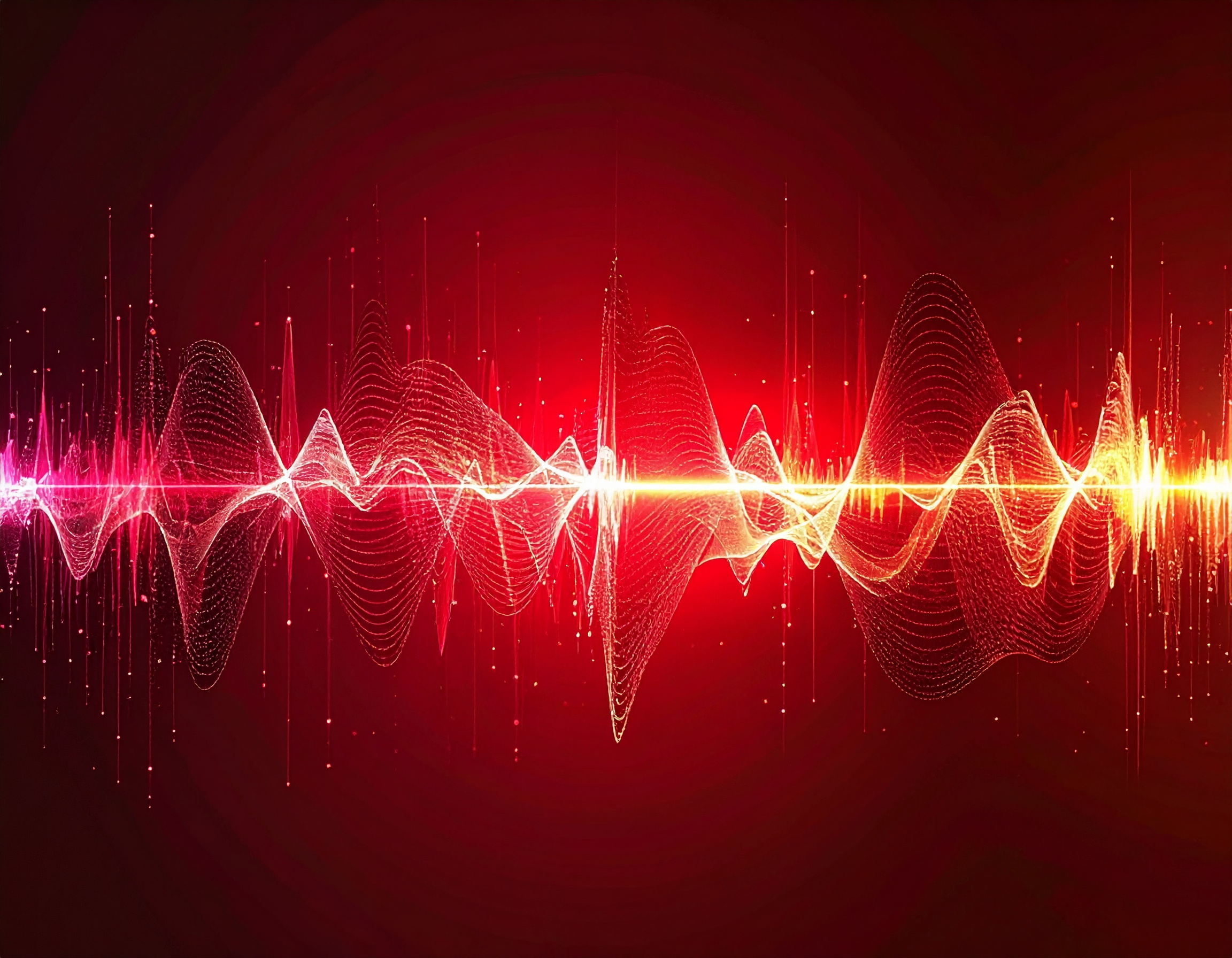 Abstrakte rote Schallwellen – Key Visual für Alarmierungsanlagen, Reparatur und Wartung